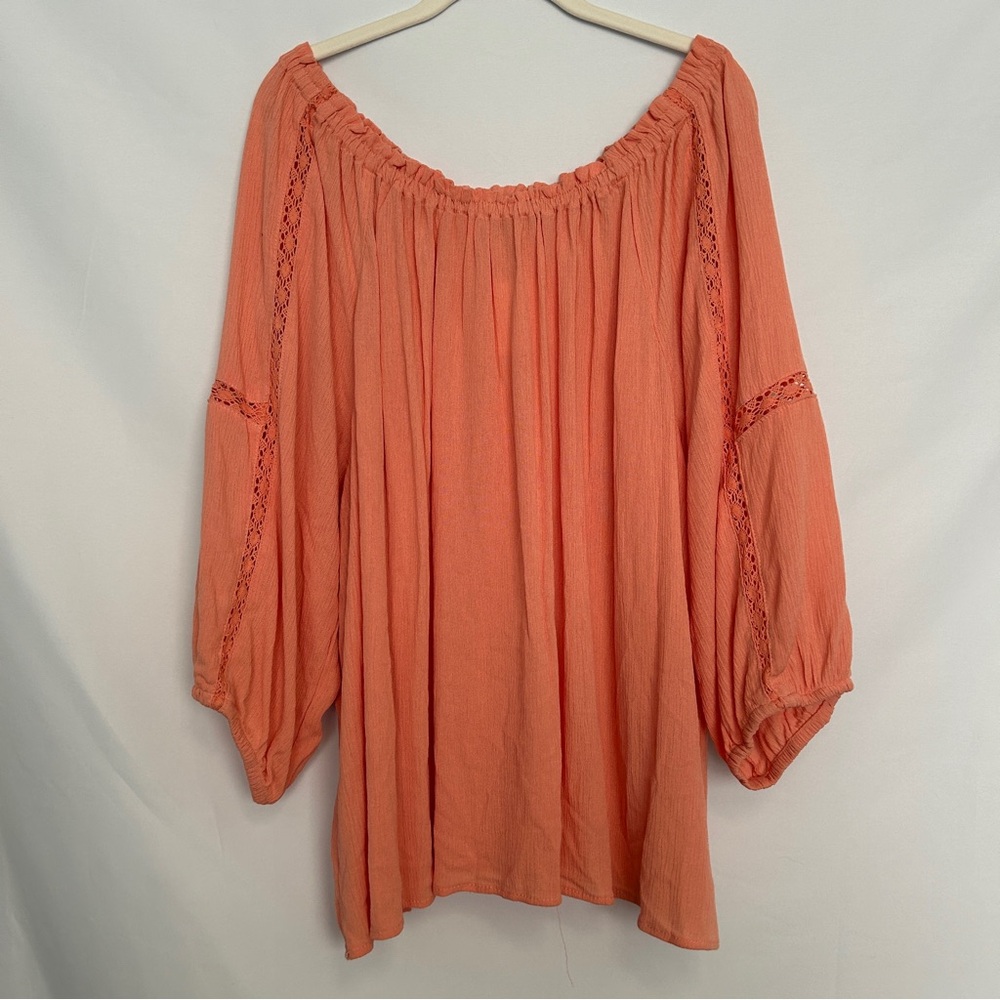 Falls Creek Elastic Neckline Coral Long Sleeve Shirt with Lace‎ Cut out Detail